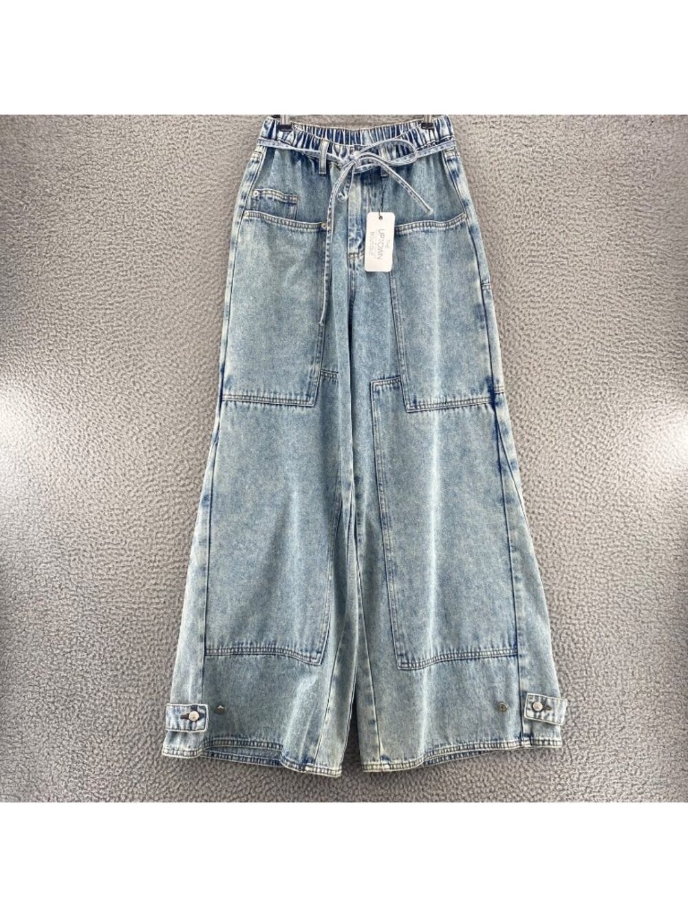 Eesome Jeans Womens Large Ariel Blue Denim Patchwork Pocket Wide Leg Belted NWT